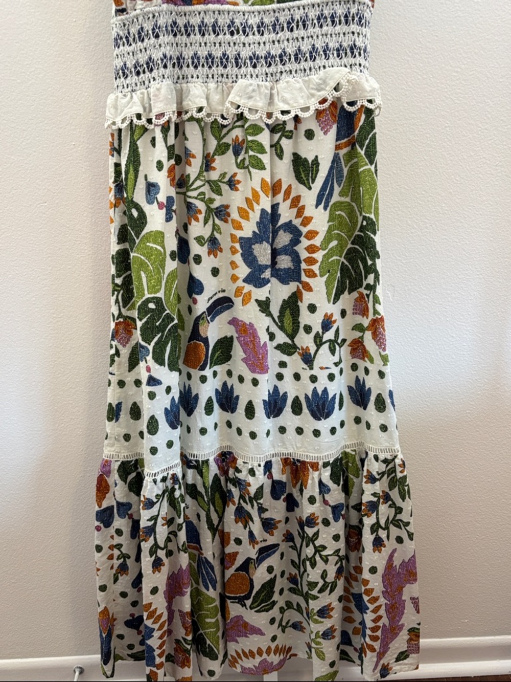 Farm Rio Floral Midi Dress Large Boho Ruffle Lace Smocked Waist Vacation Large - Picture 6 of 8